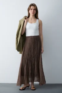 TRENDYOLMİLLA Brown Wrinkled Lined Maxi Asymmetric Skirt