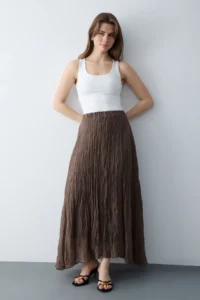 TRENDYOLMİLLA Brown Wrinkled Lined Maxi Asymmetric Skirt - Image 2