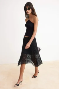 TRENDYOLMİLLA Black A-Kesim/Life Form Asymmetric Lace Lined Midi Knitting Skirt - Image 2
