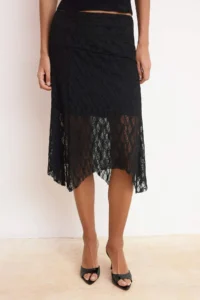 TRENDYOLMİLLA Black A-Kesim/Life Form Asymmetric Lace Lined Midi Knitting Skirt - Image 3