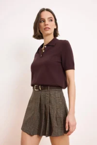 TRENDYOLMiLLA Brown Arched Mini Checkered Pleated Inside OF shorts Skirt - Image 2