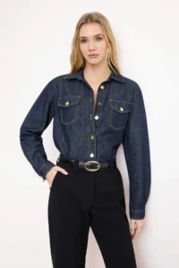 TRENDYOLMİLLA Dark Blue Button Detailed Basic 100% Cotton denim Shirt - Image 2