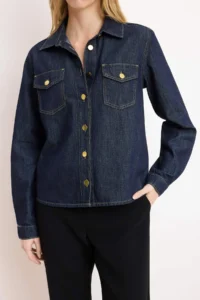 TRENDYOLMİLLA Dark Blue Button Detailed Basic 100% Cotton denim Shirt - Image 3