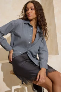 TRENDYOLMİLLA Gray Oversized Basic 100% Cotton denim Shirt - Image 2
