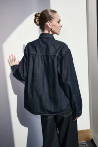 TRENDYOLMİLLA Limited Edition Dark Blue Button Detailed 100% Cotton denim Shirt - Image 5