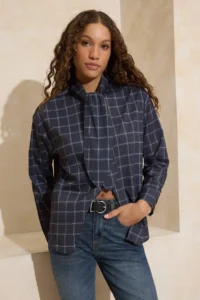 TRENDYOLMİLLA Mavi-Multicolored Plaid Scarf Detailed Oversized/Wide Pattern Shirt