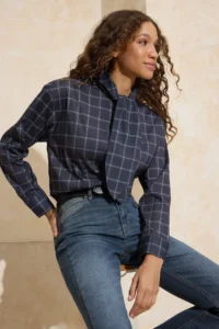 TRENDYOLMİLLA Mavi-Multicolored Plaid Scarf Detailed Oversized/Wide Pattern Shirt - Image 2