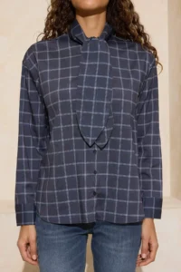 TRENDYOLMİLLA Mavi-Multicolored Plaid Scarf Detailed Oversized/Wide Pattern Shirt - Image 3