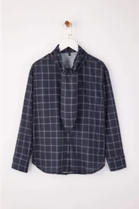 TRENDYOLMİLLA Mavi-Multicolored Plaid Scarf Detailed Oversized/Wide Pattern Shirt - Image 5