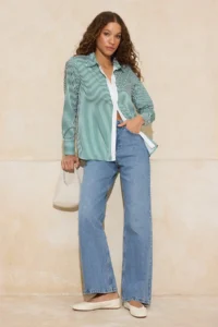 TRENDYOLMİLLA White Green Striped Contrast Placket Oversized/Wide Pattern Shirt