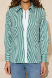 TRENDYOLMİLLA White Green Striped Contrast Placket Oversized/Wide Pattern Shirt - Image 3