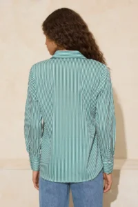 TRENDYOLMİLLA White Green Striped Contrast Placket Oversized/Wide Pattern Shirt - Image 4