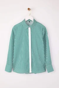 TRENDYOLMİLLA White Green Striped Contrast Placket Oversized/Wide Pattern Shirt - Image 5