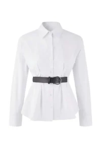 TRENDYOLMİLLA White Faux Leather Belt Detailed Pleated Shirt