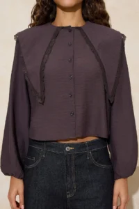 TRENDYOLMİLLA Dark Brown Baby Collar Lace Garnished Soft Touch Shirt - Image 3