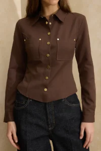 TRENDYOLMİLLA Dark Brown Regular Pattern Gold Button Detailed Gabardine Shirt - Image 2