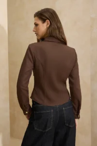 TRENDYOLMİLLA Dark Brown Regular Pattern Gold Button Detailed Gabardine Shirt - Image 3