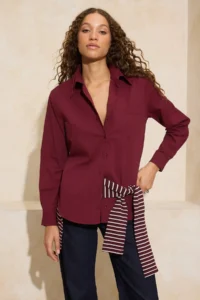 TRENDYOLMİLLA Dark Burgundy Collar tied up Oversize/Wide Pattern Shirt