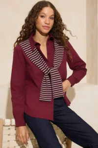 TRENDYOLMİLLA Dark Burgundy Collar tied up Oversize/Wide Pattern Shirt - Image 2