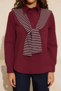 TRENDYOLMİLLA Dark Burgundy Collar tied up Oversize/Wide Pattern Shirt - Image 3