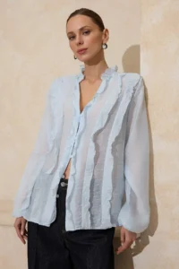 TRENDYOLMİLLA Baby Blue Transparan Frilly Weaving Shirt - Image 2
