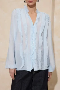 TRENDYOLMİLLA Baby Blue Transparan Frilly Weaving Shirt - Image 3