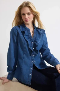 TRENDYOLMİLLA Mavi Baby Collar 100% Cotton denim Shirt - Image 2