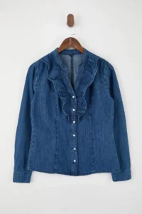 TRENDYOLMİLLA Mavi Baby Collar 100% Cotton denim Shirt - Image 5