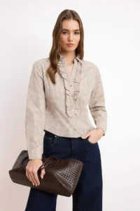 TRENDYOLMİLLA Brown Gingham Waist Frilly Shirt