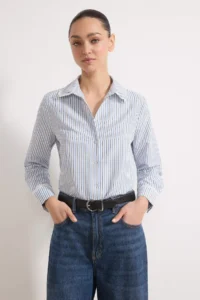 TRENDYOLMİLLA Mavi Lace Garnished Striped Tie Shirt - Image 3