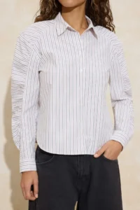 TRENDYOLMİLLA Pink-Multicolored Striped Kol Shirred Shirt - Image 3