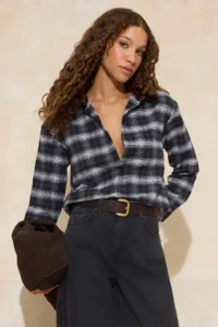 TRENDYOLMİLLA Brown Plaid Collar Ribbed Oversized Pattern Flannel Shirt