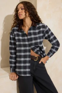 TRENDYOLMİLLA Brown Plaid Collar Ribbed Oversized Pattern Flannel Shirt - Image 2