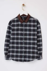 TRENDYOLMİLLA Brown Plaid Collar Ribbed Oversized Pattern Flannel Shirt - Image 5