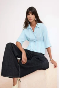 TRENDYOLMİLLA Light Blue Soft Touch pleated Shirt - Image 2