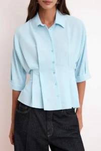 TRENDYOLMİLLA Light Blue Soft Touch pleated Shirt - Image 3
