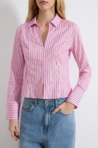 TRENDYOLMİLLA Pink Striped Hafif Bele Oturan Shirt - Image 3