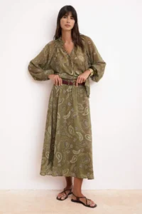 TRENDYOLMİLLA Khaki-Multicolored Shawl Patterned Transparan Shirt