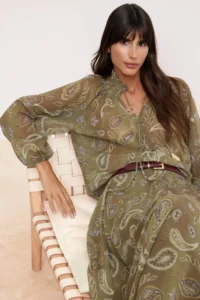 TRENDYOLMİLLA Khaki-Multicolored Shawl Patterned Transparan Shirt - Image 2