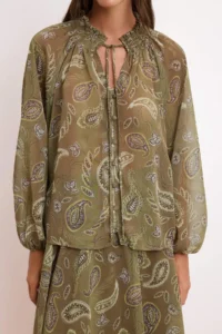 TRENDYOLMİLLA Khaki-Multicolored Shawl Patterned Transparan Shirt - Image 3