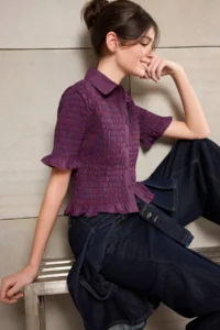 TRENDYOLMİLLA Burgundy-Multicolored Teen Gingham Gipelli Fitted Shirt - Image 2