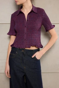 TRENDYOLMİLLA Burgundy-Multicolored Teen Gingham Gipelli Fitted Shirt - Image 3