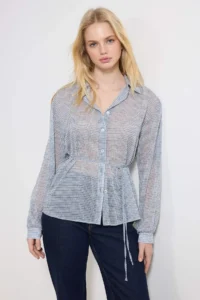 TRENDYOLMİLLA Mavi Checkered Belted Transparan Shirt