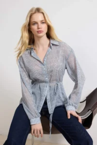 TRENDYOLMİLLA Mavi Checkered Belted Transparan Shirt - Image 2