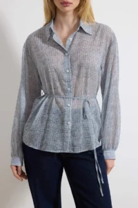 TRENDYOLMİLLA Mavi Checkered Belted Transparan Shirt - Image 3
