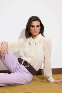 TRENDYOLMİLLA Cream Wadding and Scarf Detailed Transparent Chic Weaving Shirt