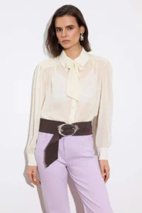 TRENDYOLMİLLA Cream Wadding and Scarf Detailed Transparent Chic Weaving Shirt - Image 2