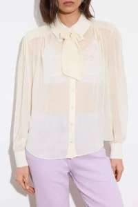 TRENDYOLMİLLA Cream Wadding and Scarf Detailed Transparent Chic Weaving Shirt - Image 3