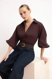 TRENDYOLMİLLA Plum Premium Kalite Cotton Poplin Shirt - Image 2