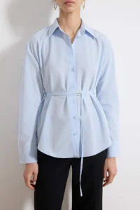 TRENDYOLMİLLA Light Blue Belt Detailed Shirt - Image 3